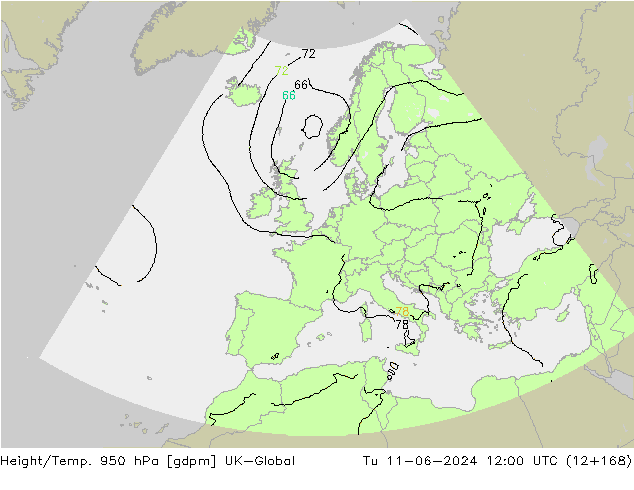 Height/Temp. 950 hPa UK-Global Di 11.06.2024 12 UTC