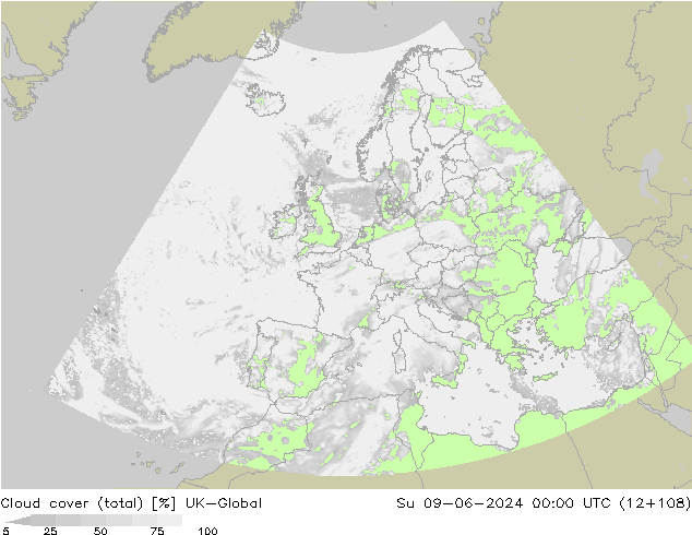 Cloud cover (total) UK-Global Su 09.06.2024 00 UTC