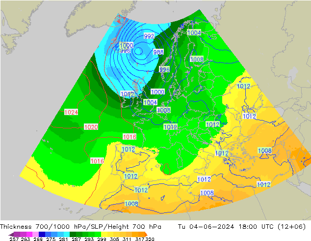 Dikte700-1000 hPa UK-Global di 04.06.2024 18 UTC