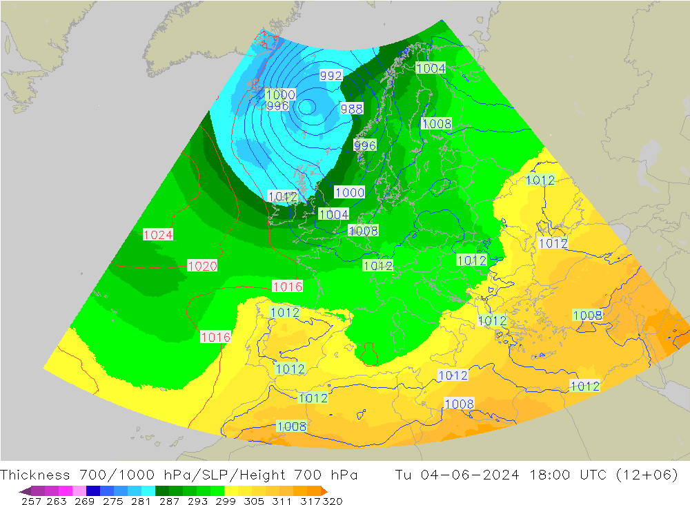 700-1000 hPa Kalınlığı UK-Global Sa 04.06.2024 18 UTC