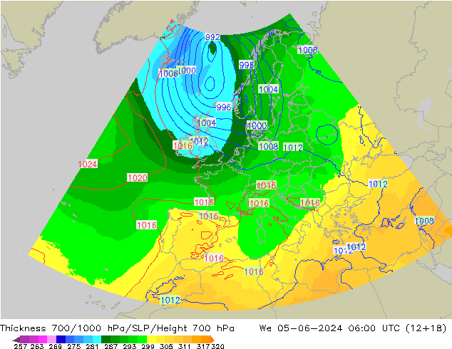 Thck 700-1000 hPa UK-Global We 05.06.2024 06 UTC