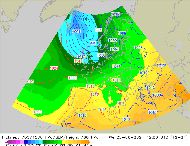 Thck 700-1000 hPa UK-Global We 05.06.2024 12 UTC