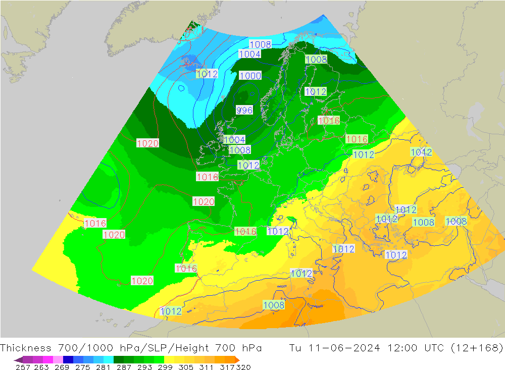 Thck 700-1000 hPa UK-Global  11.06.2024 12 UTC