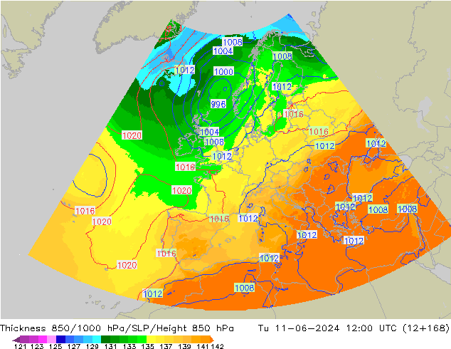 Thck 850-1000 hPa UK-Global  11.06.2024 12 UTC
