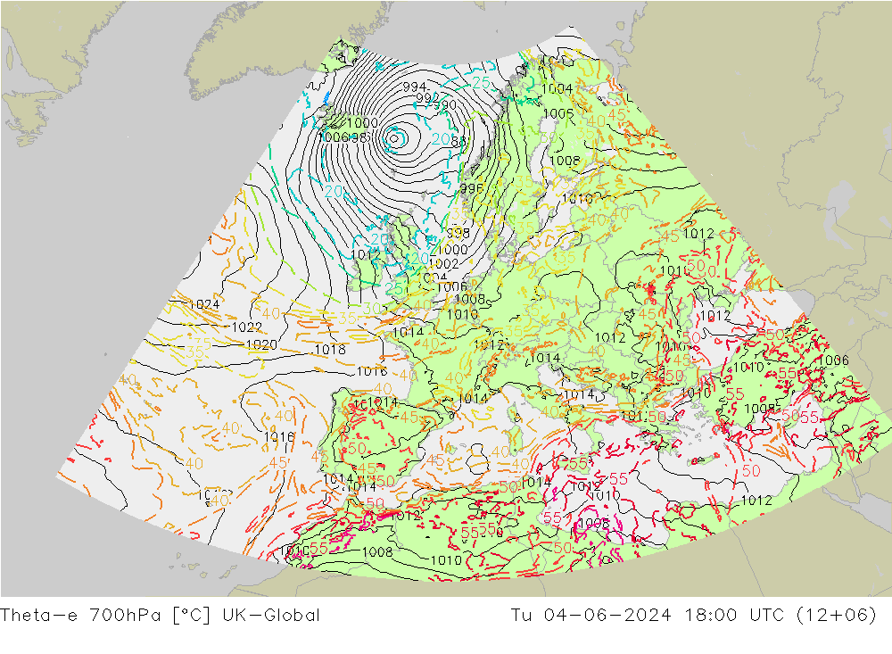 Theta-e 700hPa UK-Global Di 04.06.2024 18 UTC