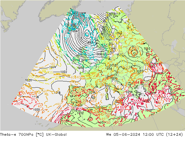 Theta-e 700hPa UK-Global We 05.06.2024 12 UTC