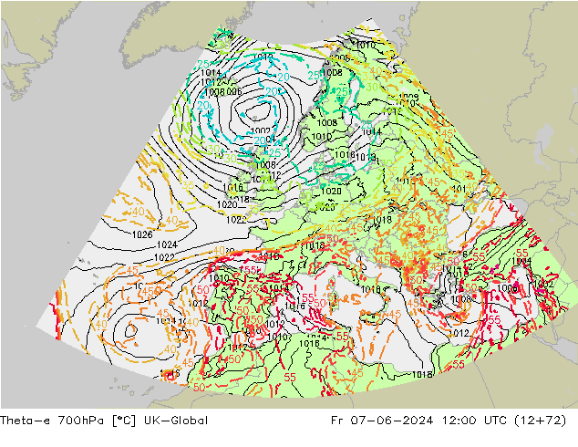 Theta-e 700hPa UK-Global Fr 07.06.2024 12 UTC