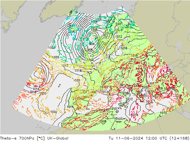 Theta-e 700hPa UK-Global wto. 11.06.2024 12 UTC