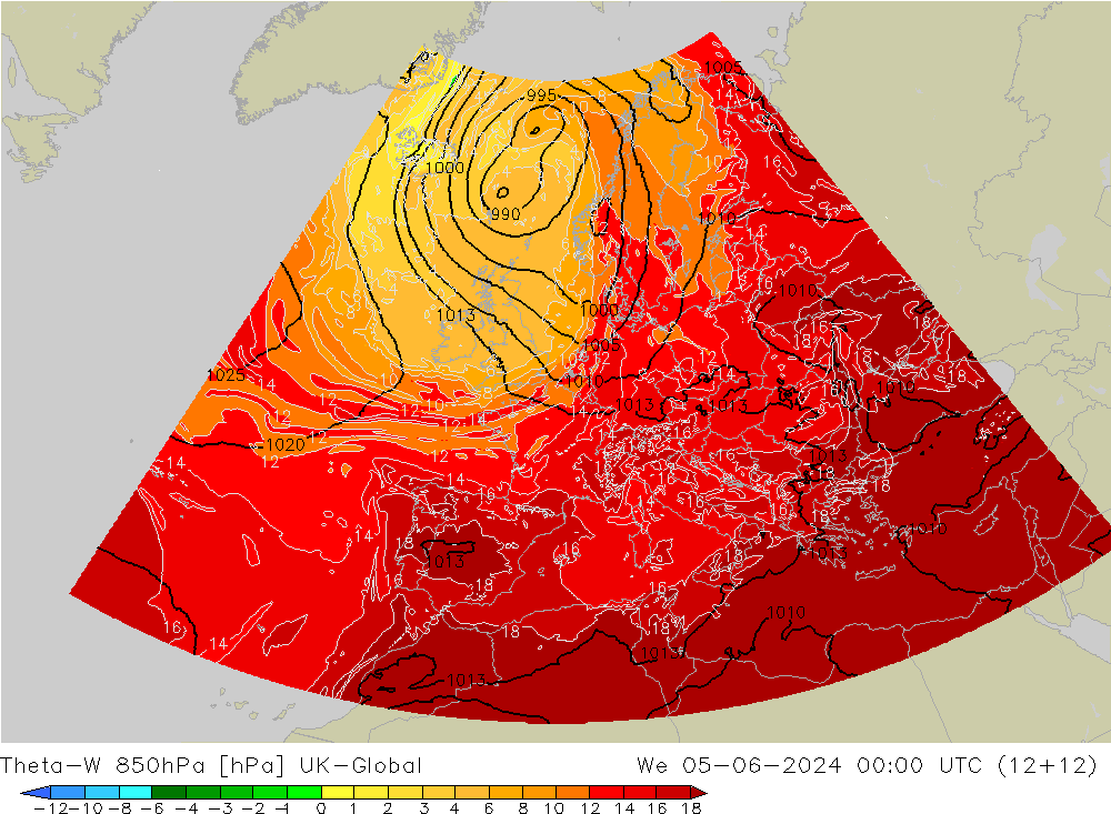 Theta-W 850hPa UK-Global mer 05.06.2024 00 UTC