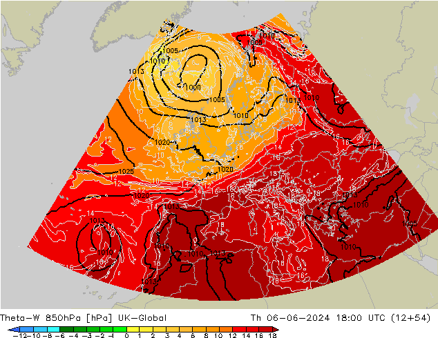 Theta-W 850hPa UK-Global czw. 06.06.2024 18 UTC