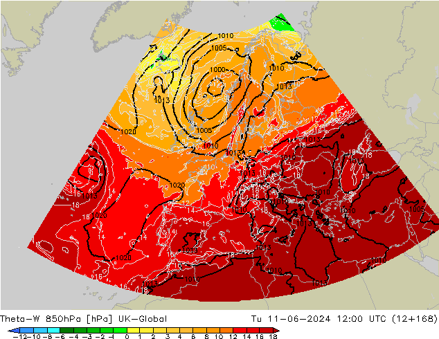 Theta-W 850гПа UK-Global вт 11.06.2024 12 UTC