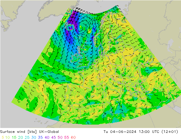 Surface wind UK-Global Út 04.06.2024 13 UTC