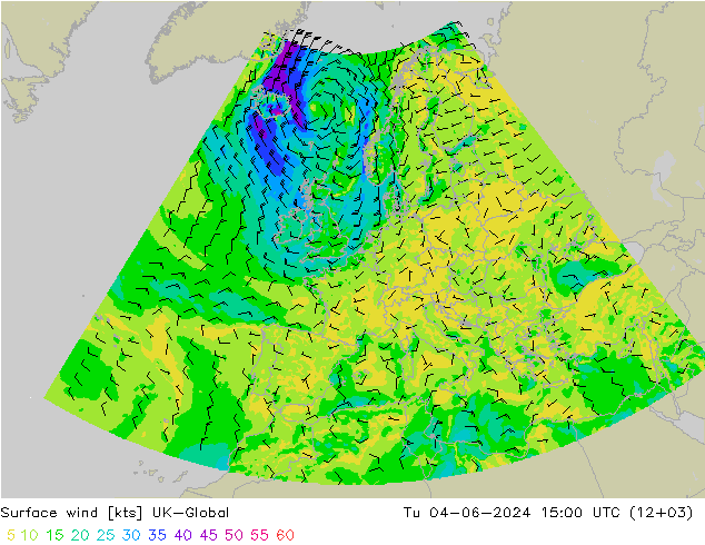 Surface wind UK-Global Tu 04.06.2024 15 UTC