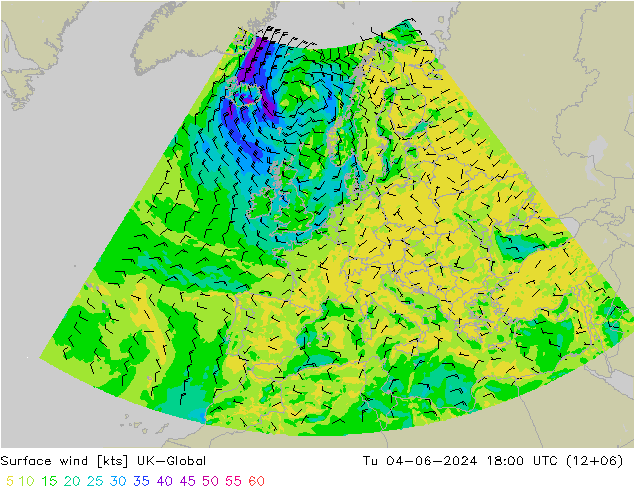 Surface wind UK-Global Tu 04.06.2024 18 UTC