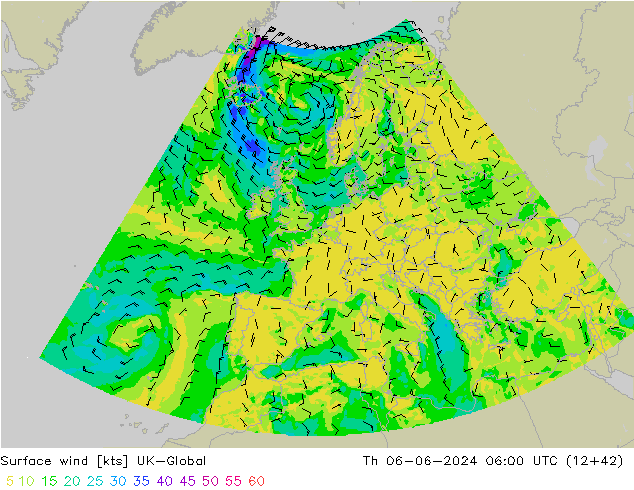 Surface wind UK-Global Th 06.06.2024 06 UTC