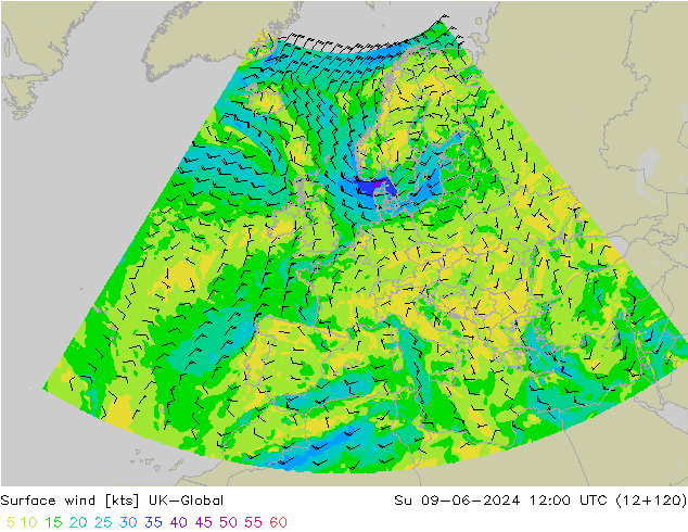 Surface wind UK-Global Su 09.06.2024 12 UTC