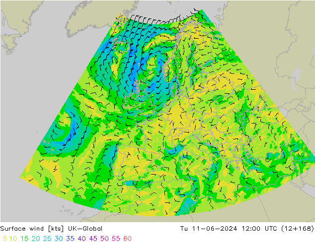 Surface wind UK-Global Tu 11.06.2024 12 UTC