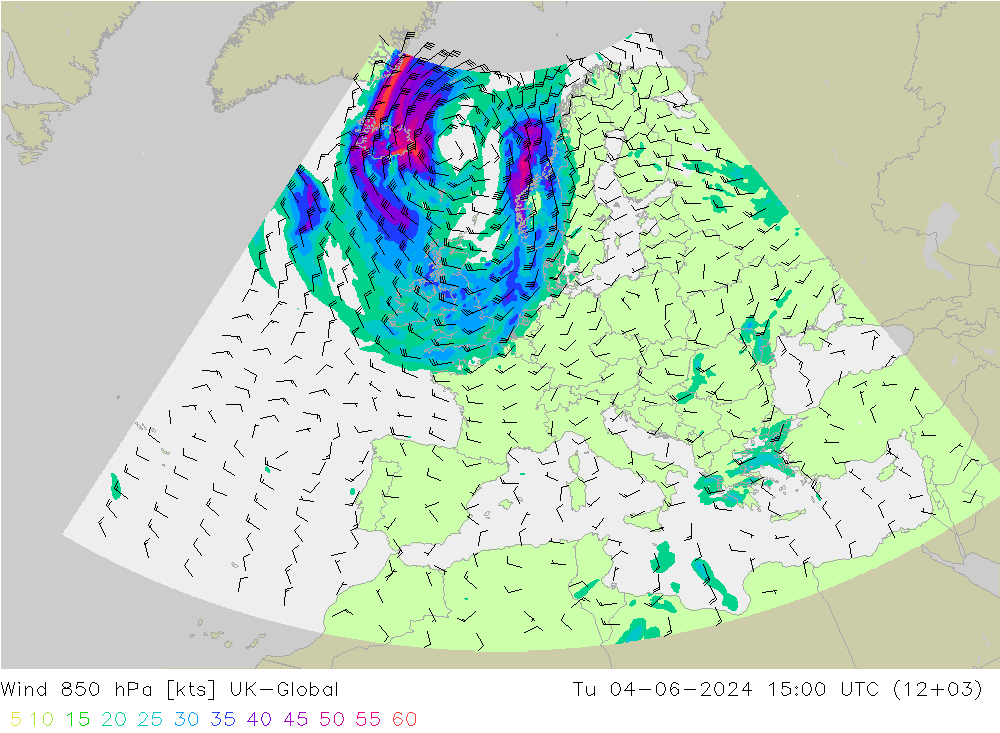 Wind 850 hPa UK-Global Tu 04.06.2024 15 UTC