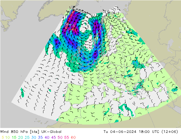 Wind 850 hPa UK-Global Di 04.06.2024 18 UTC