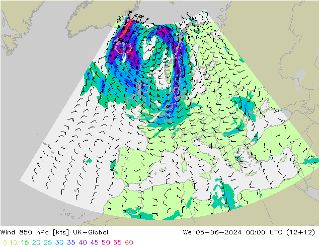 Wind 850 hPa UK-Global We 05.06.2024 00 UTC