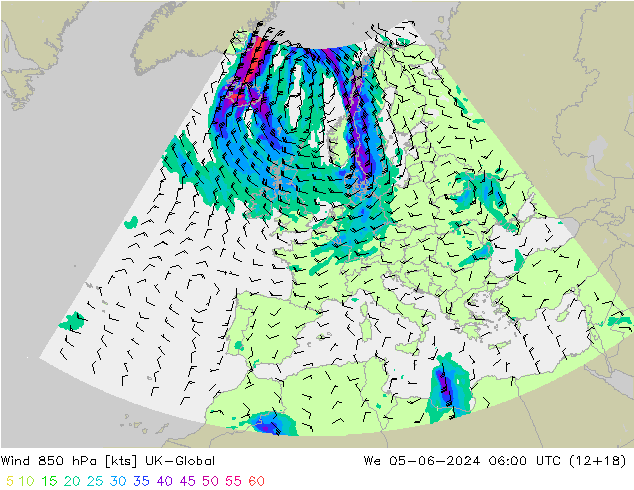 Wind 850 hPa UK-Global We 05.06.2024 06 UTC