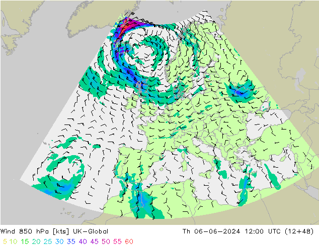 Wind 850 hPa UK-Global Th 06.06.2024 12 UTC