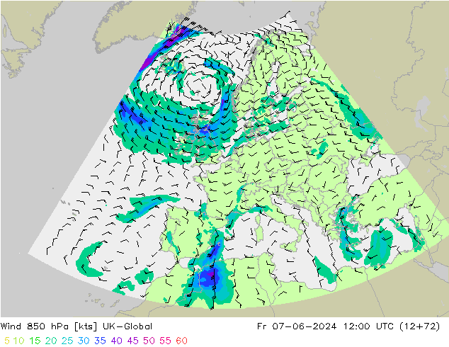 Wind 850 hPa UK-Global Fr 07.06.2024 12 UTC