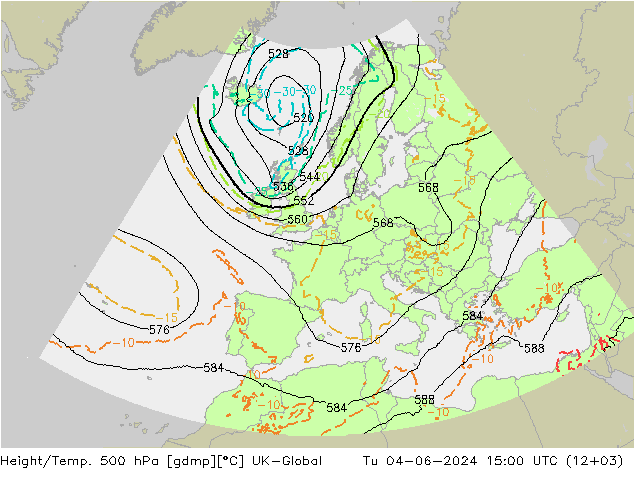 Height/Temp. 500 hPa UK-Global Út 04.06.2024 15 UTC