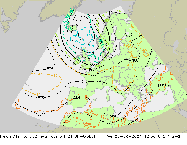 Height/Temp. 500 hPa UK-Global mer 05.06.2024 12 UTC