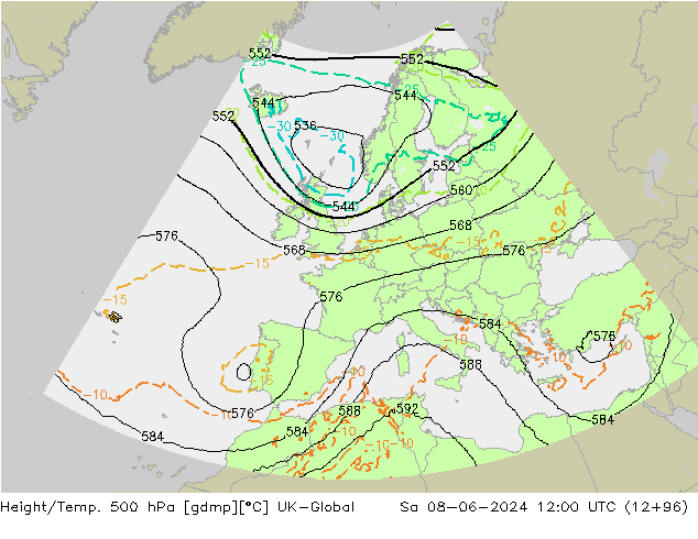 Height/Temp. 500 hPa UK-Global Sa 08.06.2024 12 UTC