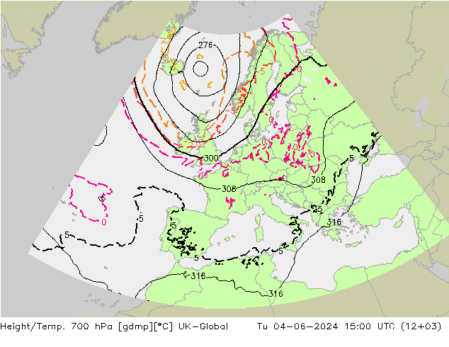 Height/Temp. 700 hPa UK-Global Tu 04.06.2024 15 UTC