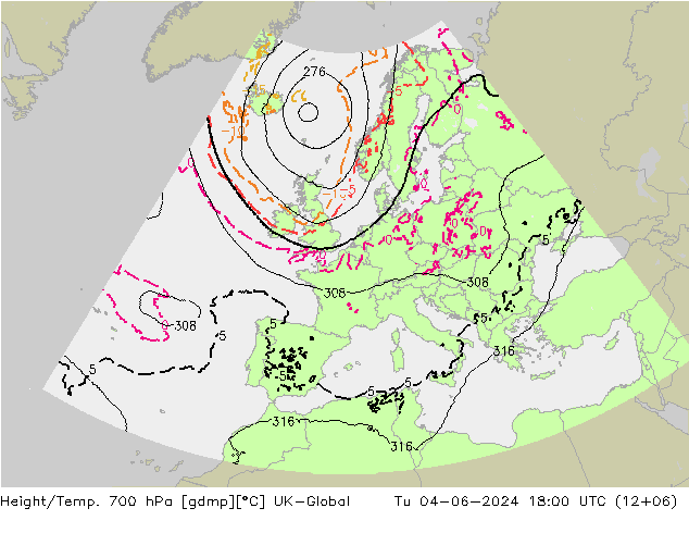 Height/Temp. 700 hPa UK-Global Út 04.06.2024 18 UTC