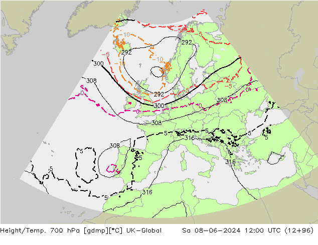 Height/Temp. 700 hPa UK-Global Sa 08.06.2024 12 UTC