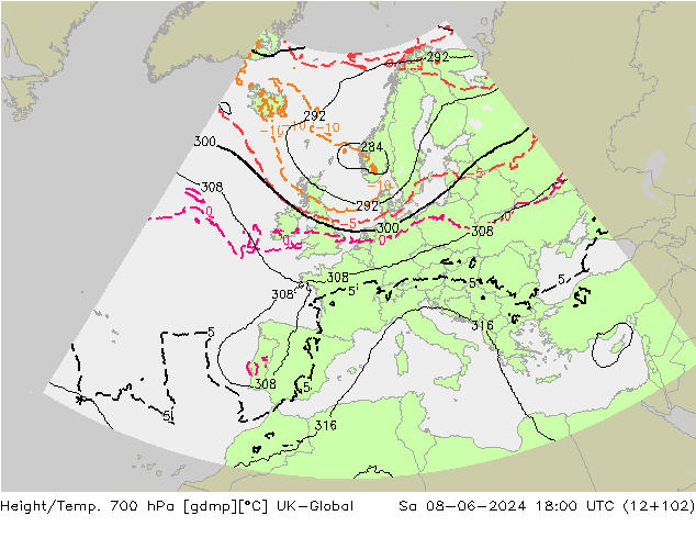 Height/Temp. 700 hPa UK-Global Sa 08.06.2024 18 UTC