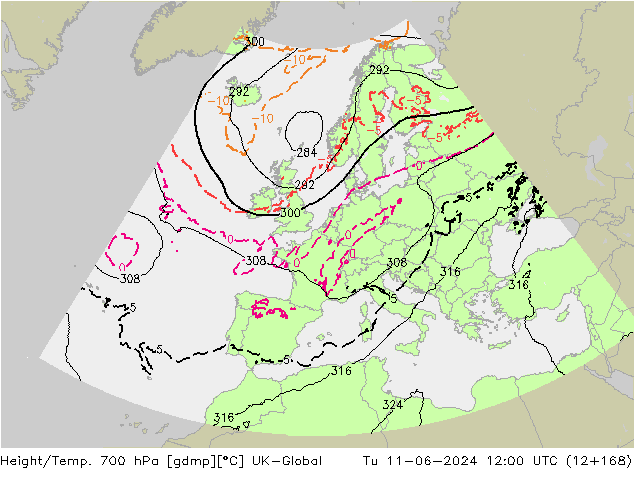 Height/Temp. 700 hPa UK-Global Tu 11.06.2024 12 UTC