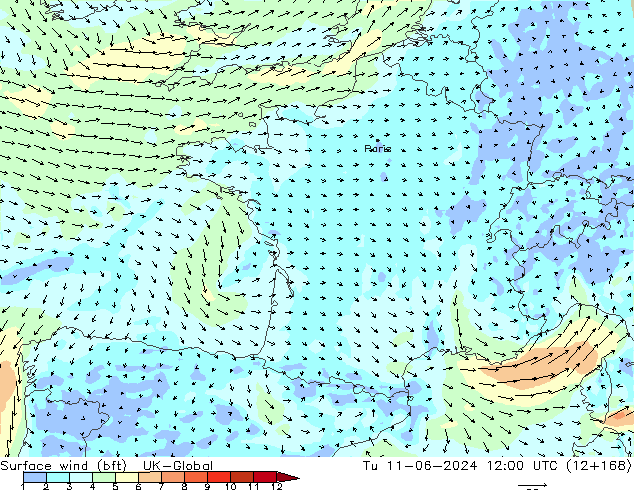 Surface wind (bft) UK-Global Tu 11.06.2024 12 UTC