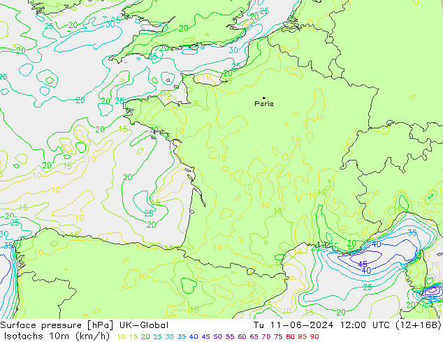 Isotachs (kph) UK-Global mar 11.06.2024 12 UTC