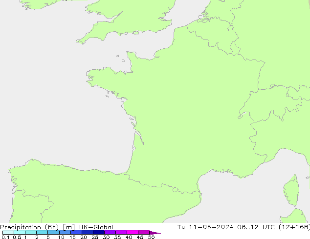 Precipitation (6h) UK-Global Tu 11.06.2024 12 UTC