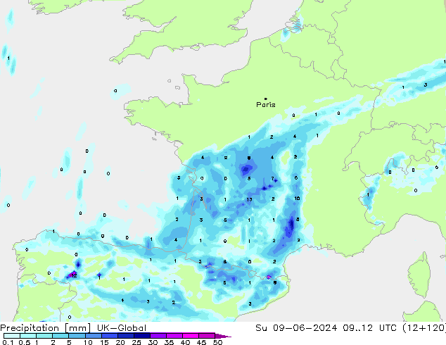 Neerslag UK-Global zo 09.06.2024 12 UTC