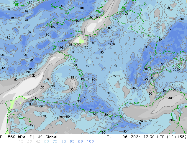 Humidité rel. 850 hPa UK-Global mar 11.06.2024 12 UTC
