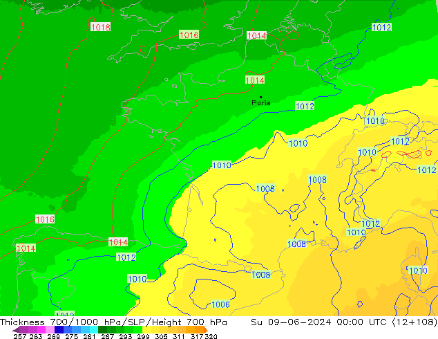 Thck 700-1000 hPa UK-Global Ne 09.06.2024 00 UTC