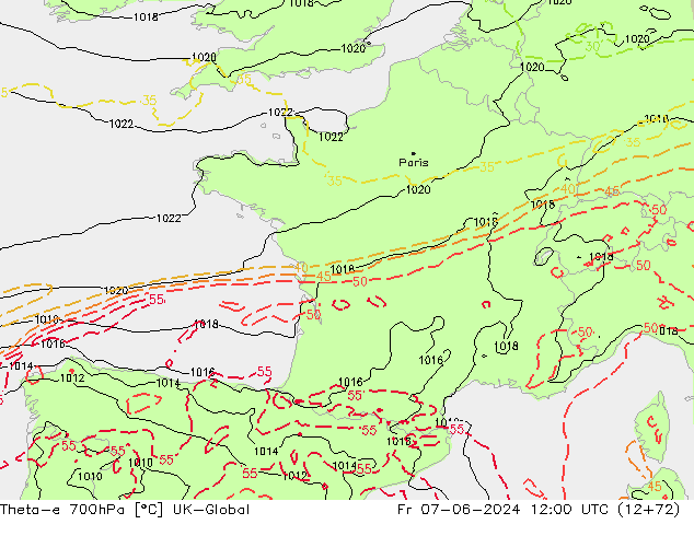 Theta-e 700hPa UK-Global Cu 07.06.2024 12 UTC