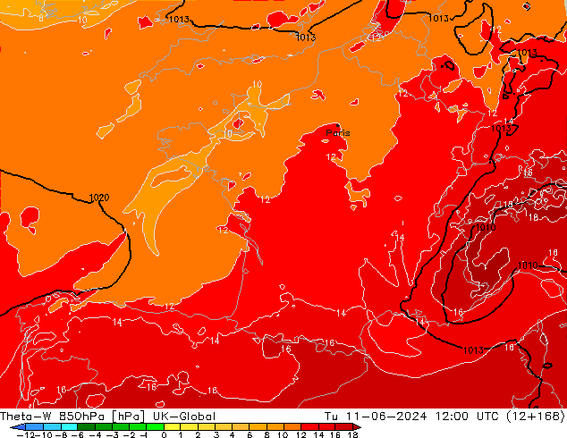 Theta-W 850hPa UK-Global Di 11.06.2024 12 UTC