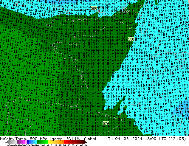 Height/Temp. 500 hPa UK-Global Tu 04.06.2024 18 UTC