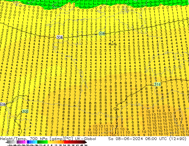 Height/Temp. 700 hPa UK-Global Sa 08.06.2024 06 UTC