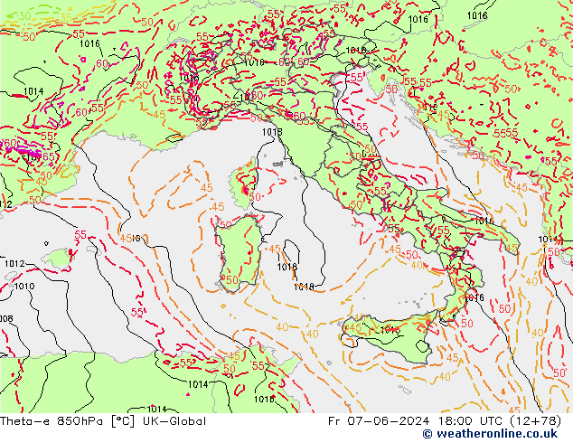 Theta-e 850hPa UK-Global pt. 07.06.2024 18 UTC