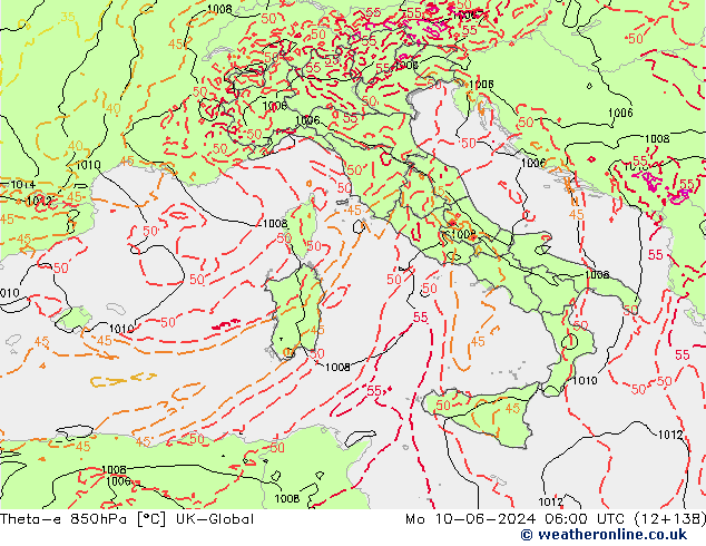 Theta-e 850hPa UK-Global Seg 10.06.2024 06 UTC