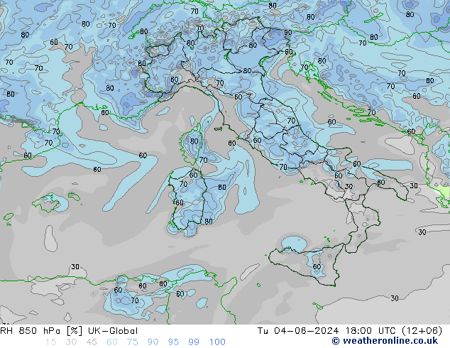 RH 850 hPa UK-Global Tu 04.06.2024 18 UTC