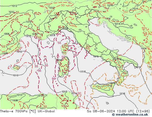 Theta-e 700hPa UK-Global sab 08.06.2024 12 UTC