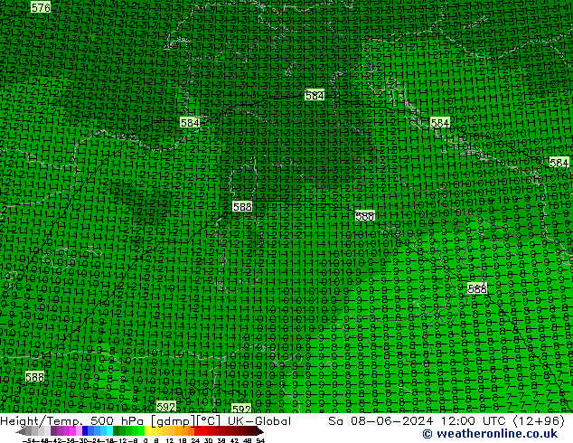 Geop./Temp. 500 hPa UK-Global sáb 08.06.2024 12 UTC